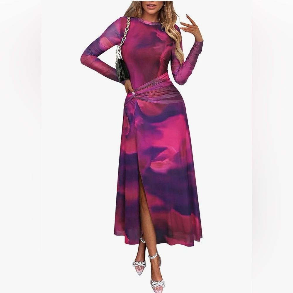 Elegant Long Sleeve Woman’s Purple & Pink Midi Formal Dress with Side Slit